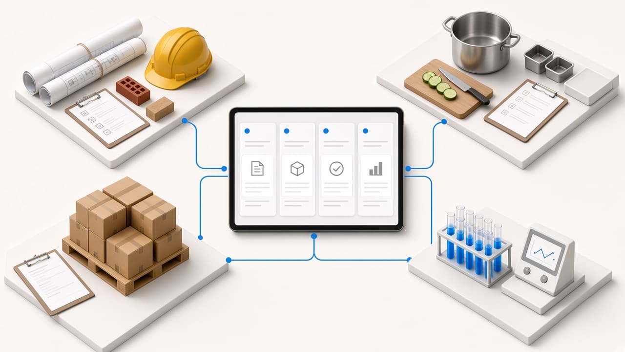 Four workplaces around one project: a construction site, a kitchen, a receiving dock, and a lab.