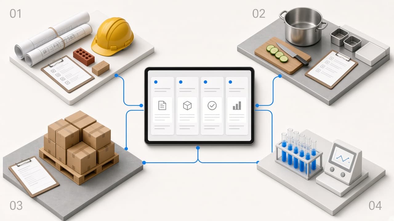 Four workplaces around one shared project: a construction site, a kitchen, a receiving dock, and a lab bench.