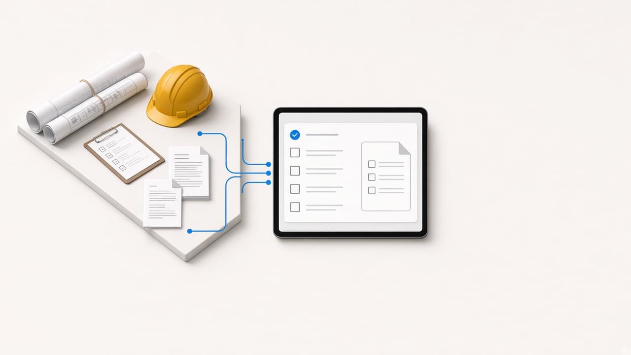 A paper construction checklist becoming a digital checklist on a tablet.