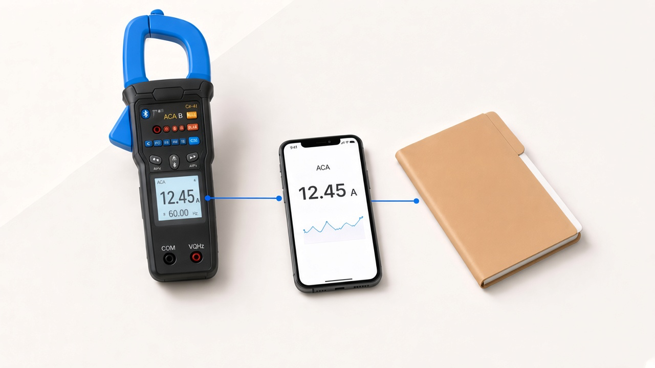 A Minipa clamp meter next to a phone showing a live reading.