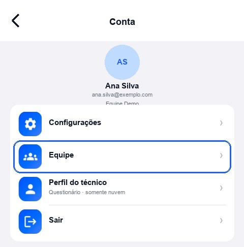Menú Cuenta con Equipo