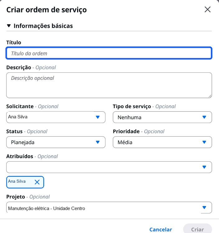 Create work order modal